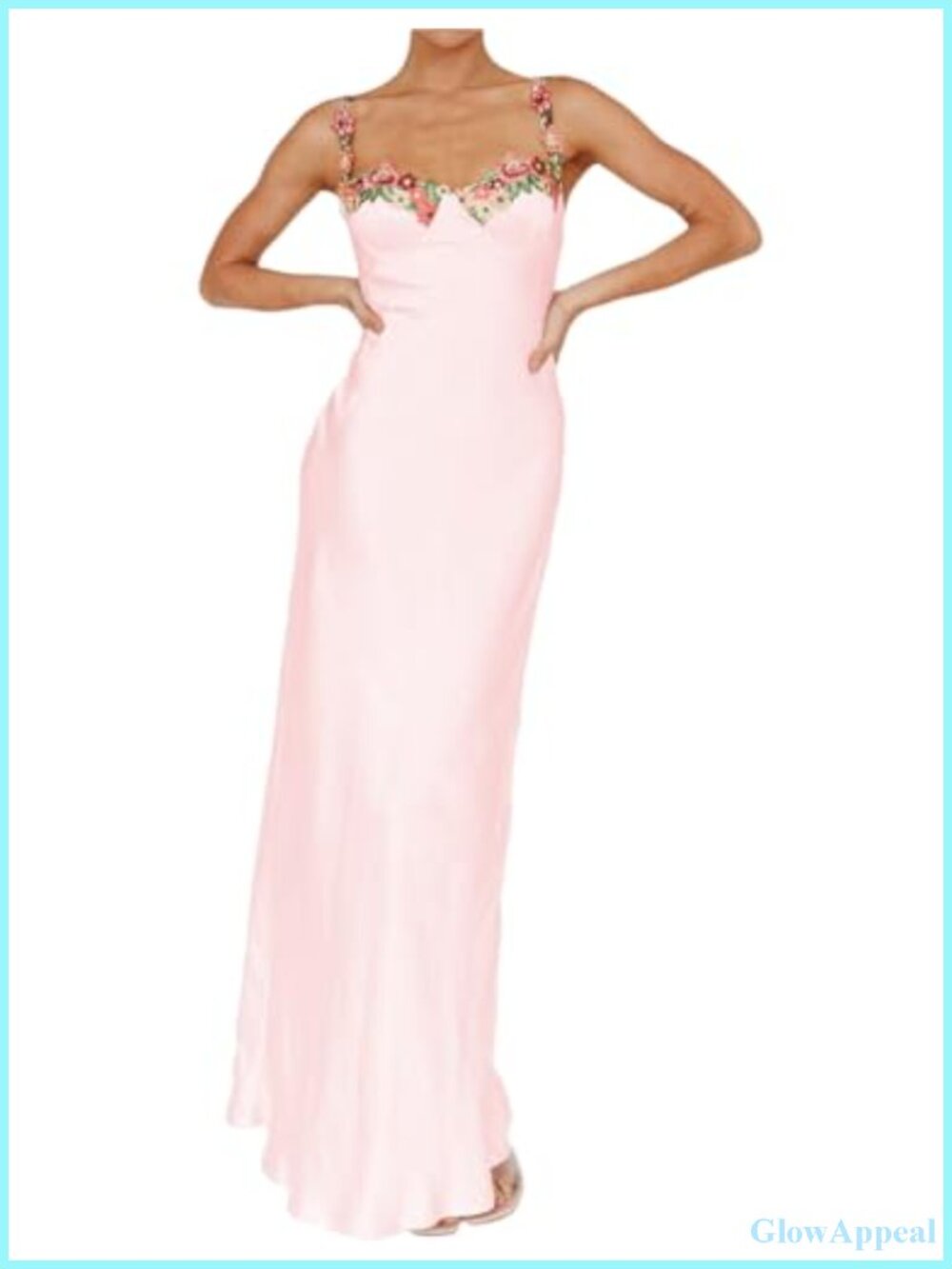 Satin Spaghetti Strap Floral Embroidered Maxi Dress Backless Slit Sweetheart